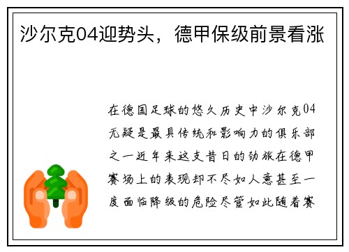 沙尔克04迎势头，德甲保级前景看涨